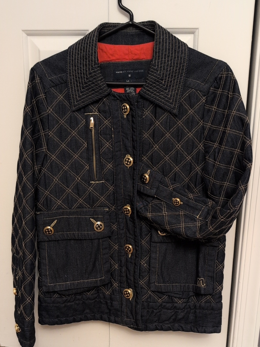 Marc by Marc Jacobs Black Quilted Denim Jacket with Red Lining